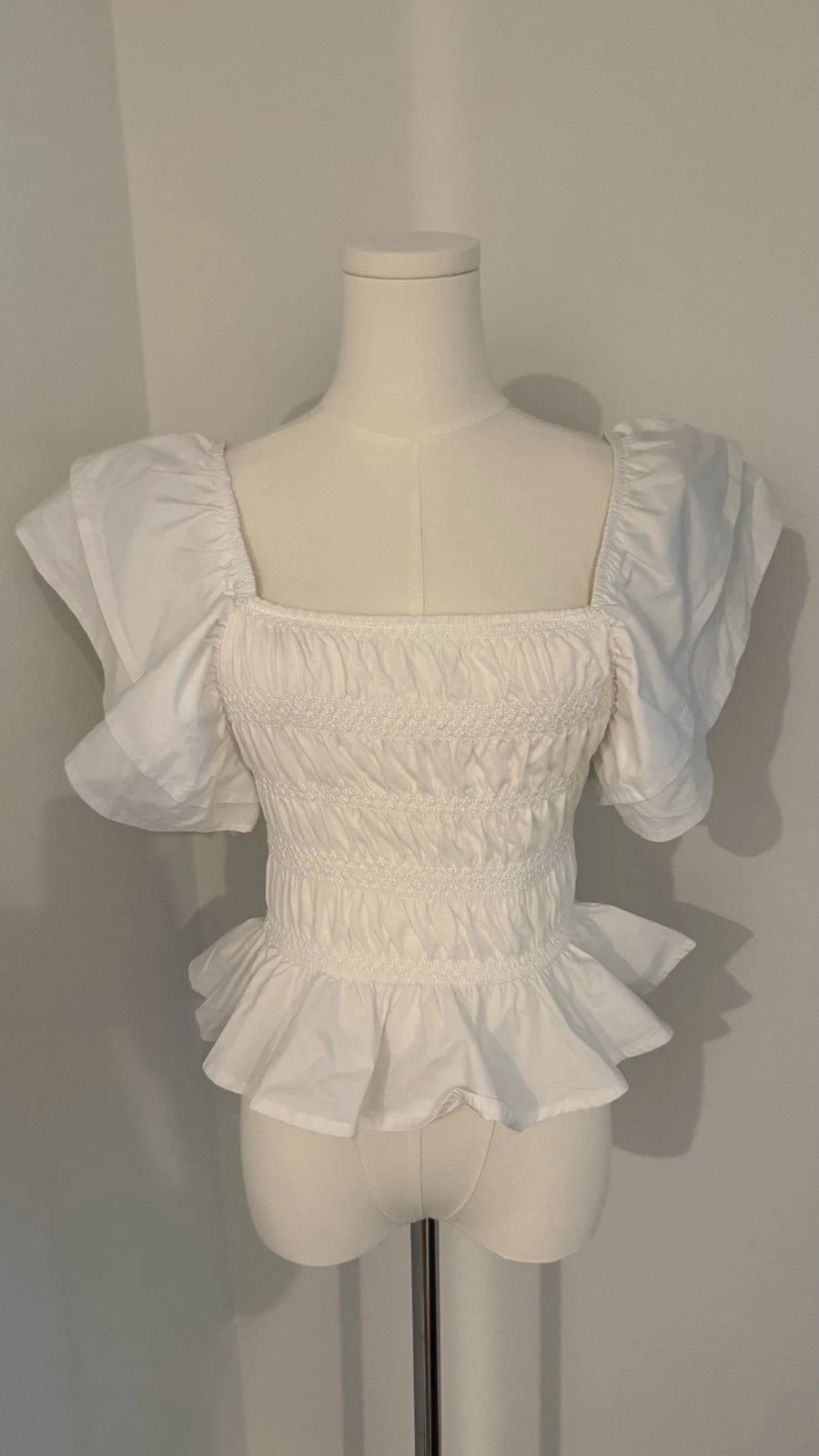 ZARA White Smocked Peplum Top Size M Square Neck Ruffle Sleeve NWT