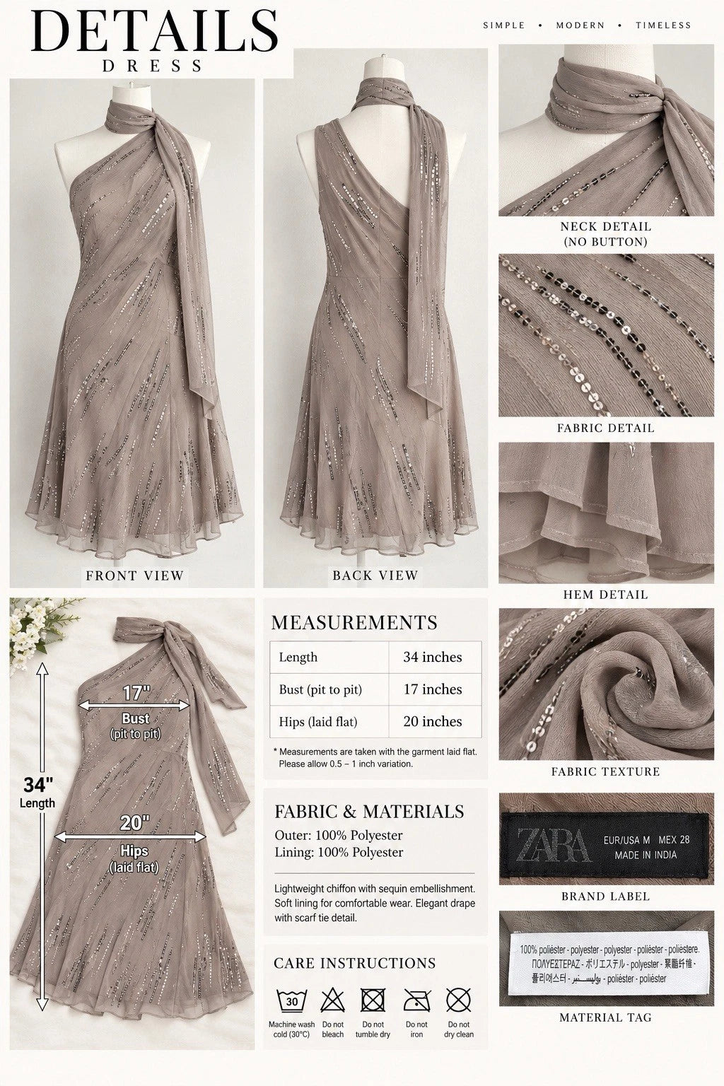 ZARA Sequin Chiffon One Shoulder Scarf Neck Dress Taupe Size M NWT