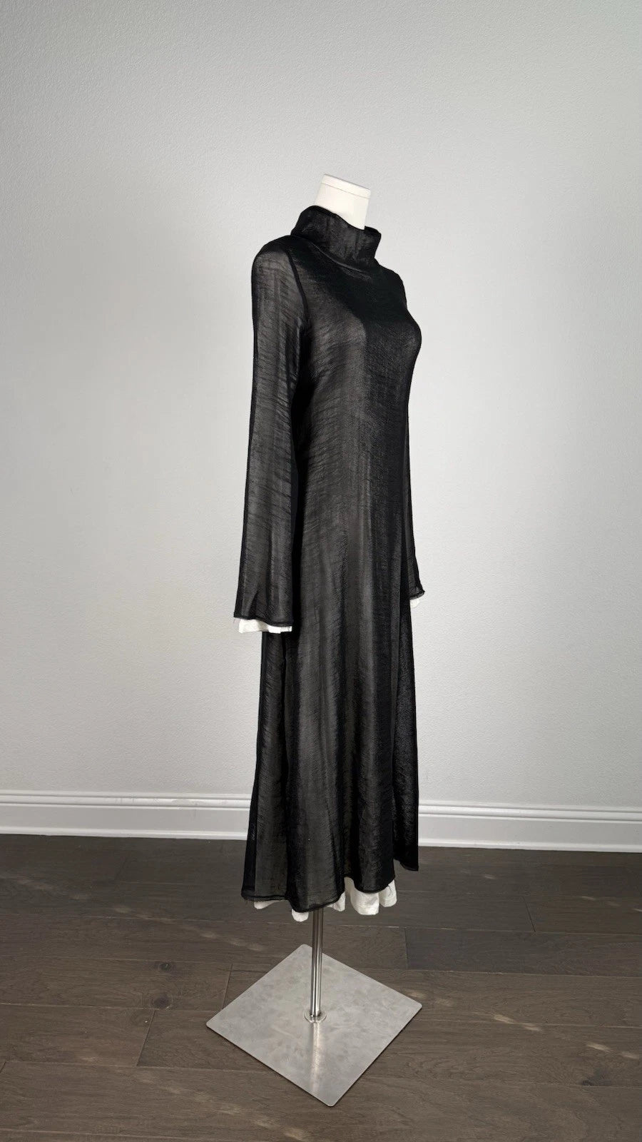 ZARA Black Turtleneck Sheer Lined Maxi Dress Bell Sleeve Size S 2298/001/064