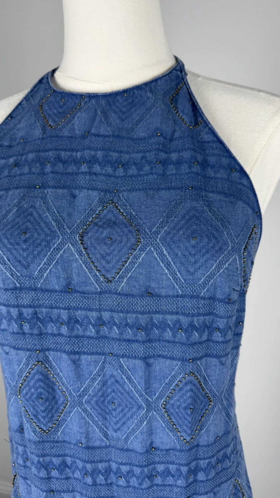 ZARA Blue Beaded Halter Maxi Dress XS Open Back Boho Embroidered Tassel