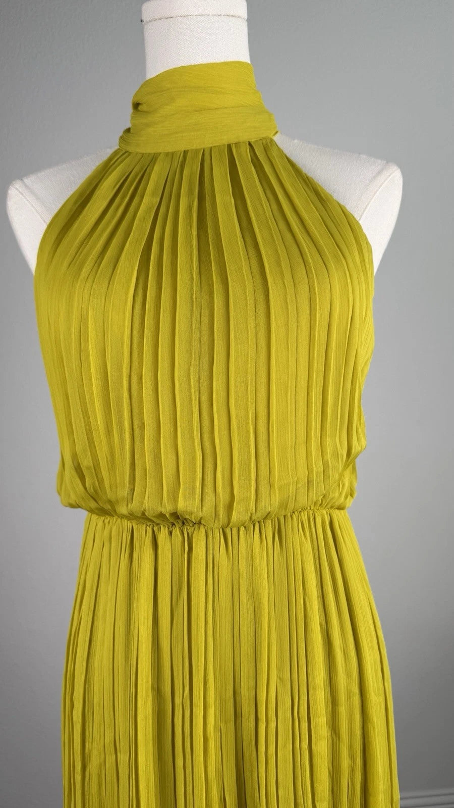 ZARA Yellow Pleated Halter Maxi Dress Bow Tie Chiffon Polyester Size S