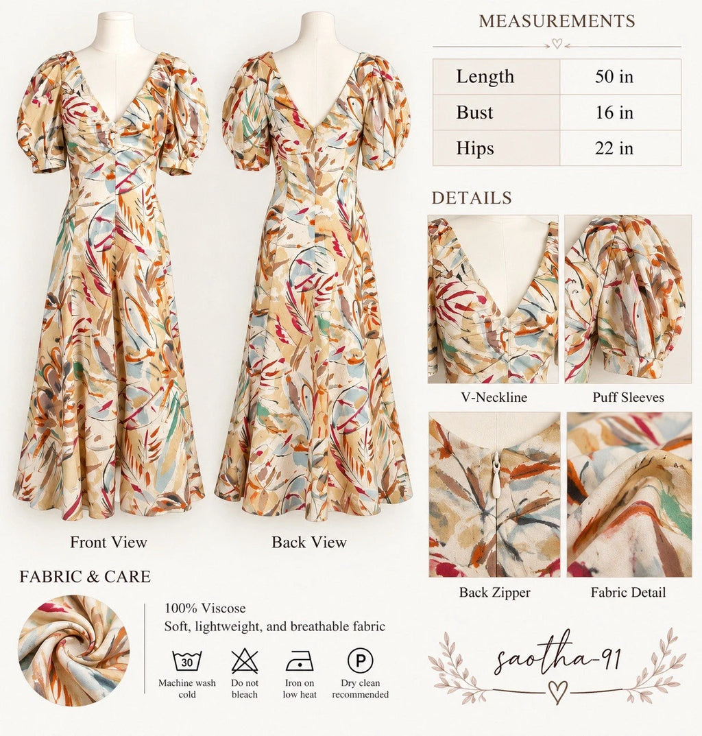 Women’s Floral V-Neck Puff Sleeve Midi Dress Woven Viscose Zip Ruffle Size S
