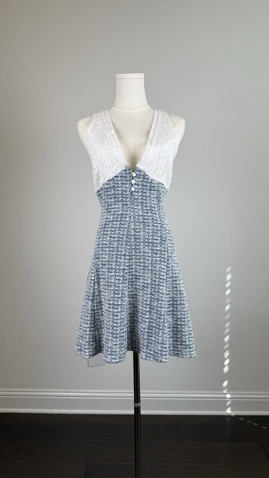 ZARA Blue/White Tweed V-Neck Sleeveless Lined Fit & Flare Mini Dress Size S