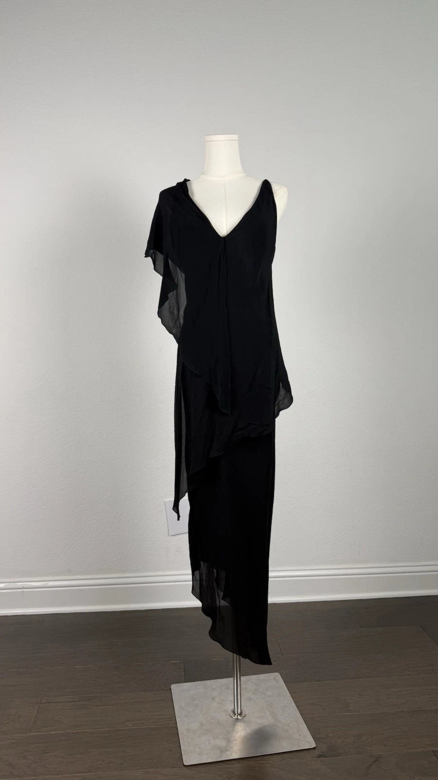 ZARA Black Chiffon One Shoulder Ruffle Asymmetrical Maxi Dress Size S