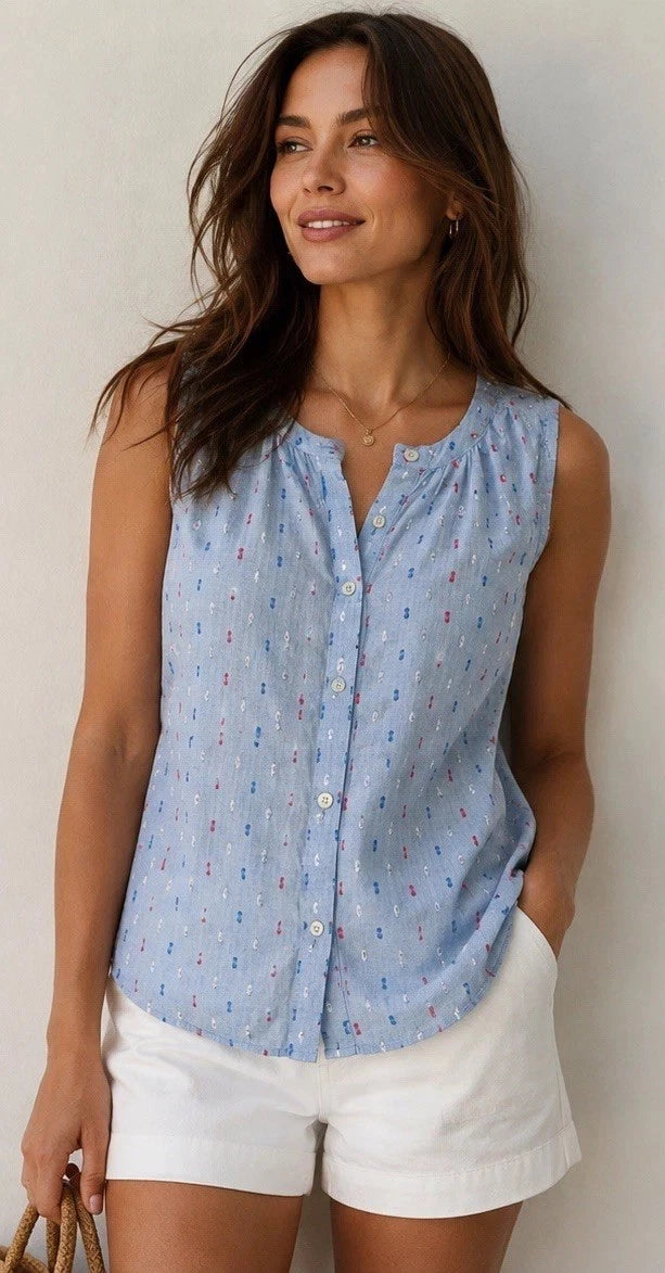 LOFT Women's Sleeveless Blue Button Front Blouse Embroidered Dot Top Size M