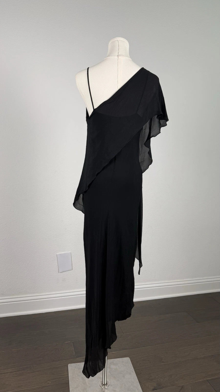 ZARA Black Chiffon One Shoulder Ruffle Asymmetrical Maxi Dress Size S