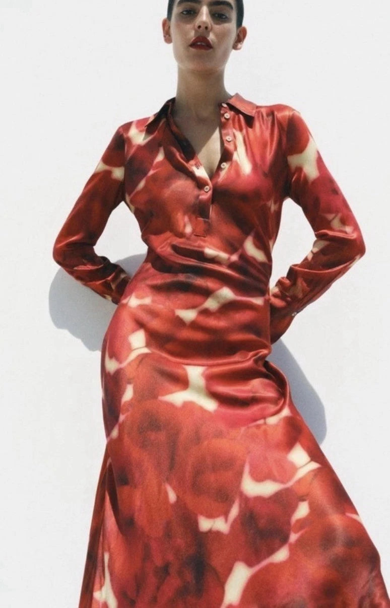 ZARA ZW Collection Red Printed Satin Midi Shirt Dress Size M NWT