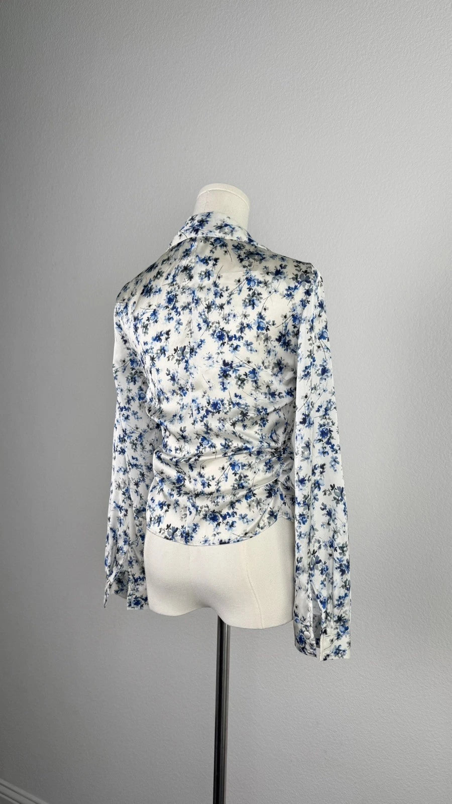 ZARA Blue White Floral Satin Fitted Shirt Blouse Size S 2580/126