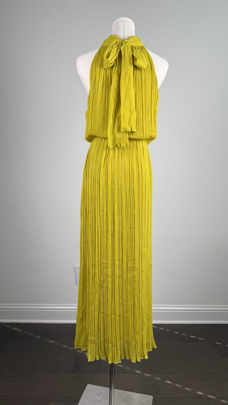 ZARA Yellow Pleated Halter Maxi Dress Bow Tie Chiffon Polyester Size S