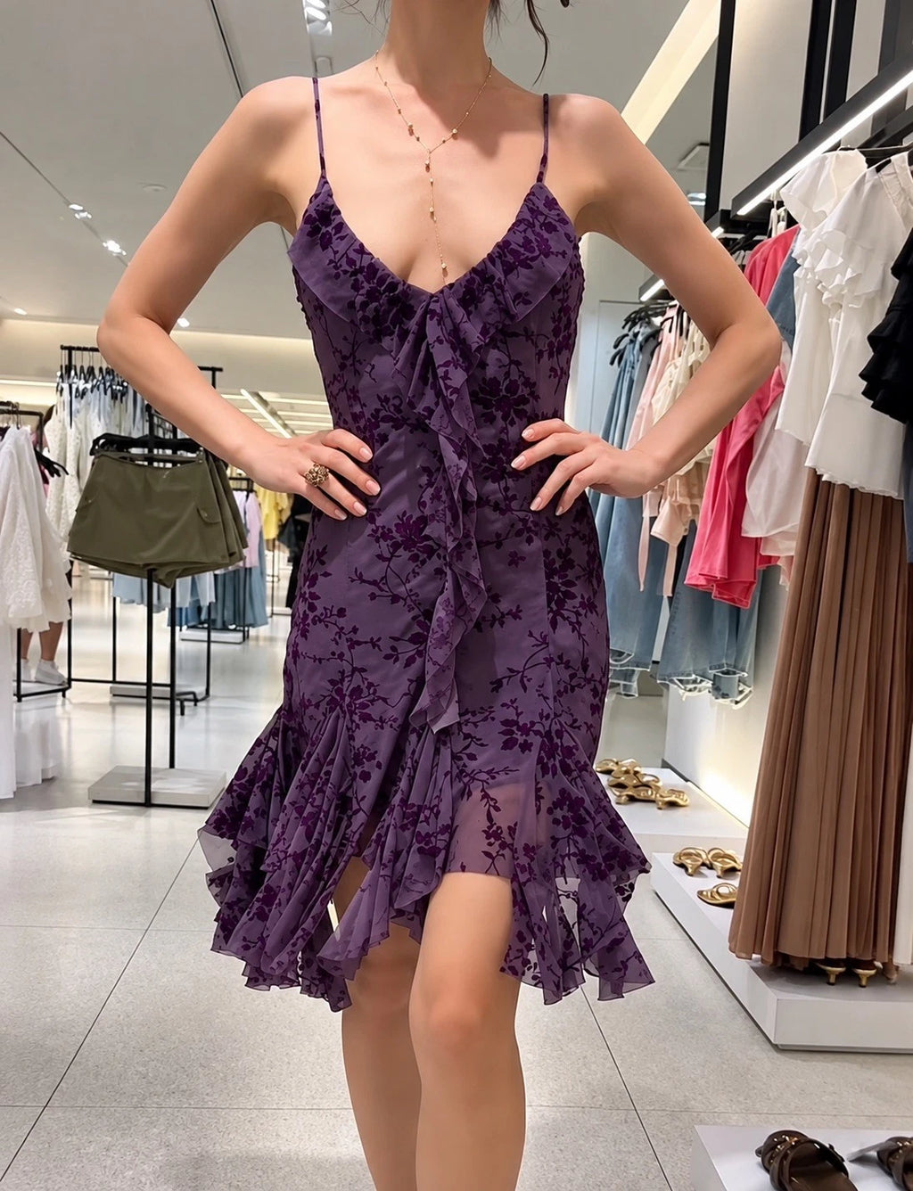 ZARA Purple Floral Ruffle Mesh Midi Dress V-Neck Lined Stretch Zip Size M