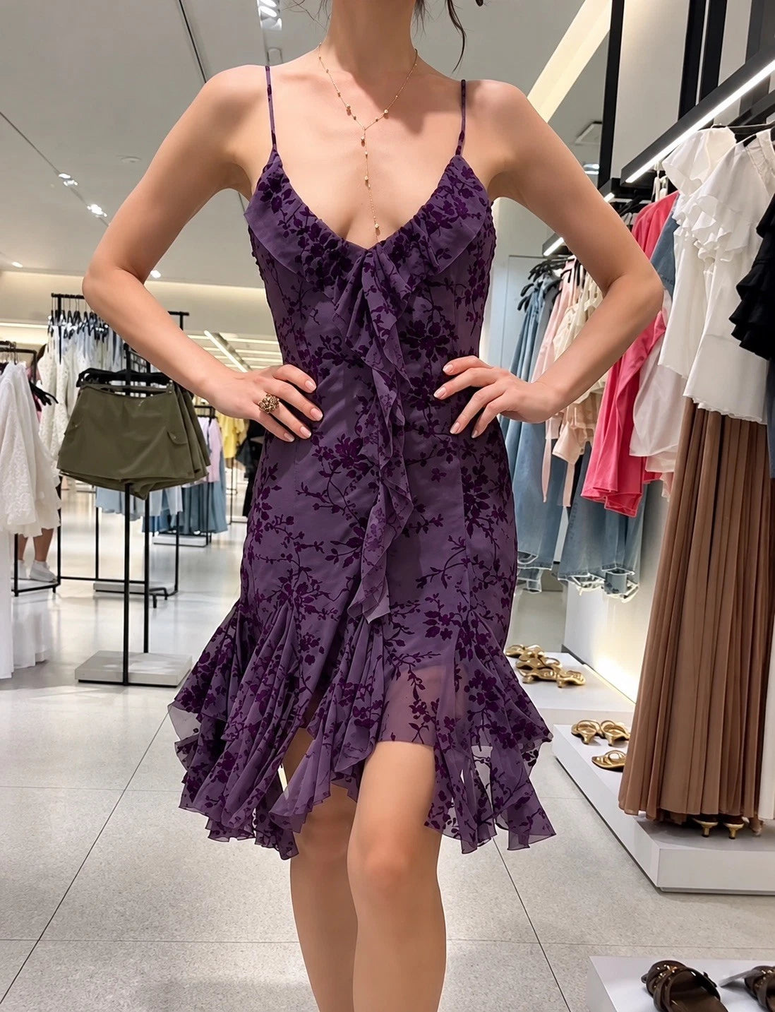 ZARA Purple Floral Ruffle Mesh Midi Dress V-Neck Lined Stretch Zip Size M
