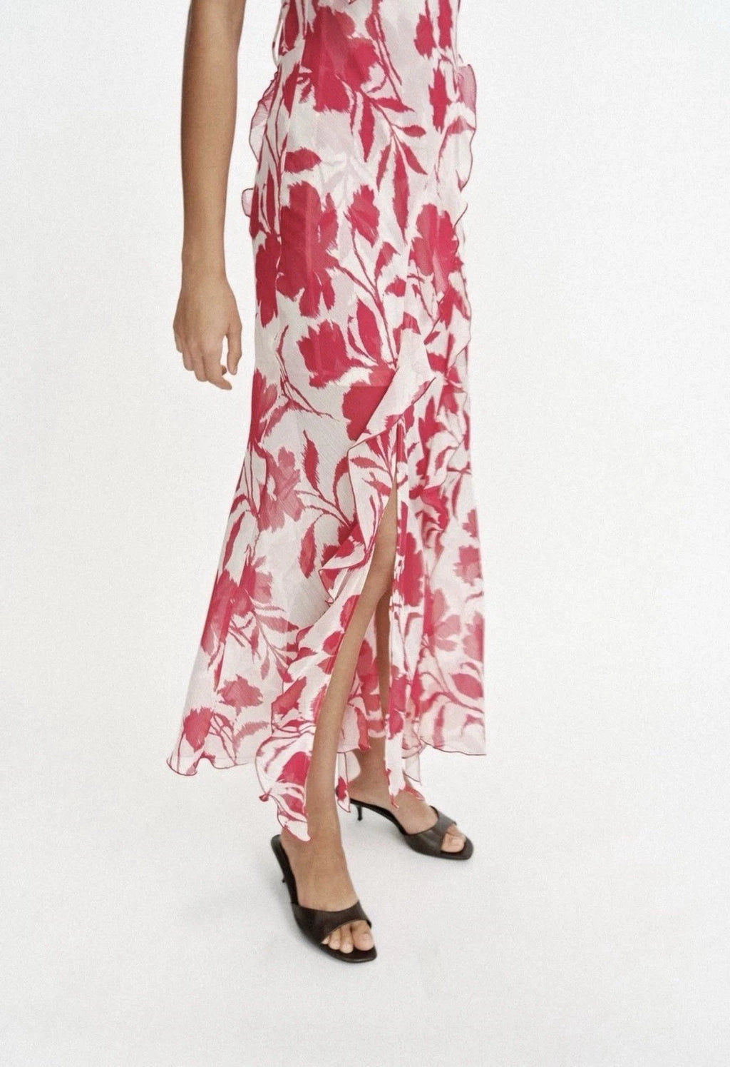 ZARA White Red Floral Chiffon Maxi Dress Square Neck Ruffle Back Tie Size S