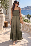 ZARA Women’s Olive Green Smocked Pleated Maxi Dress Tie Straps Size M