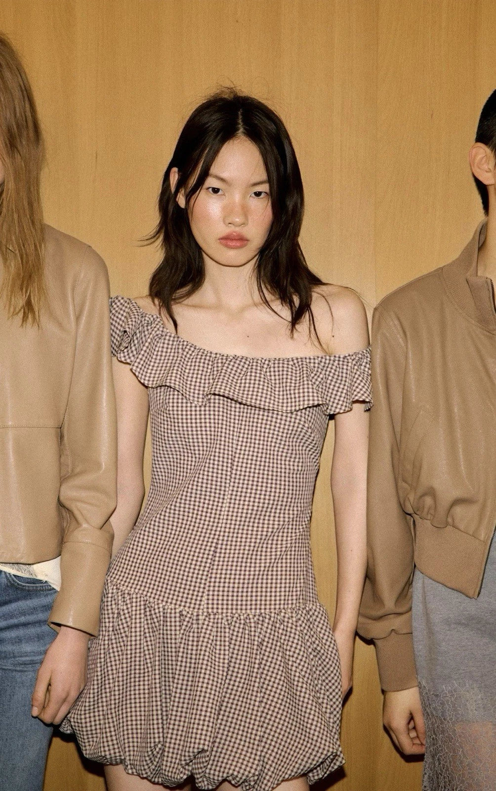 ZARA Brown/White Gingham Off Shoulder Ruffle Lined Mini Dress Size S 2180