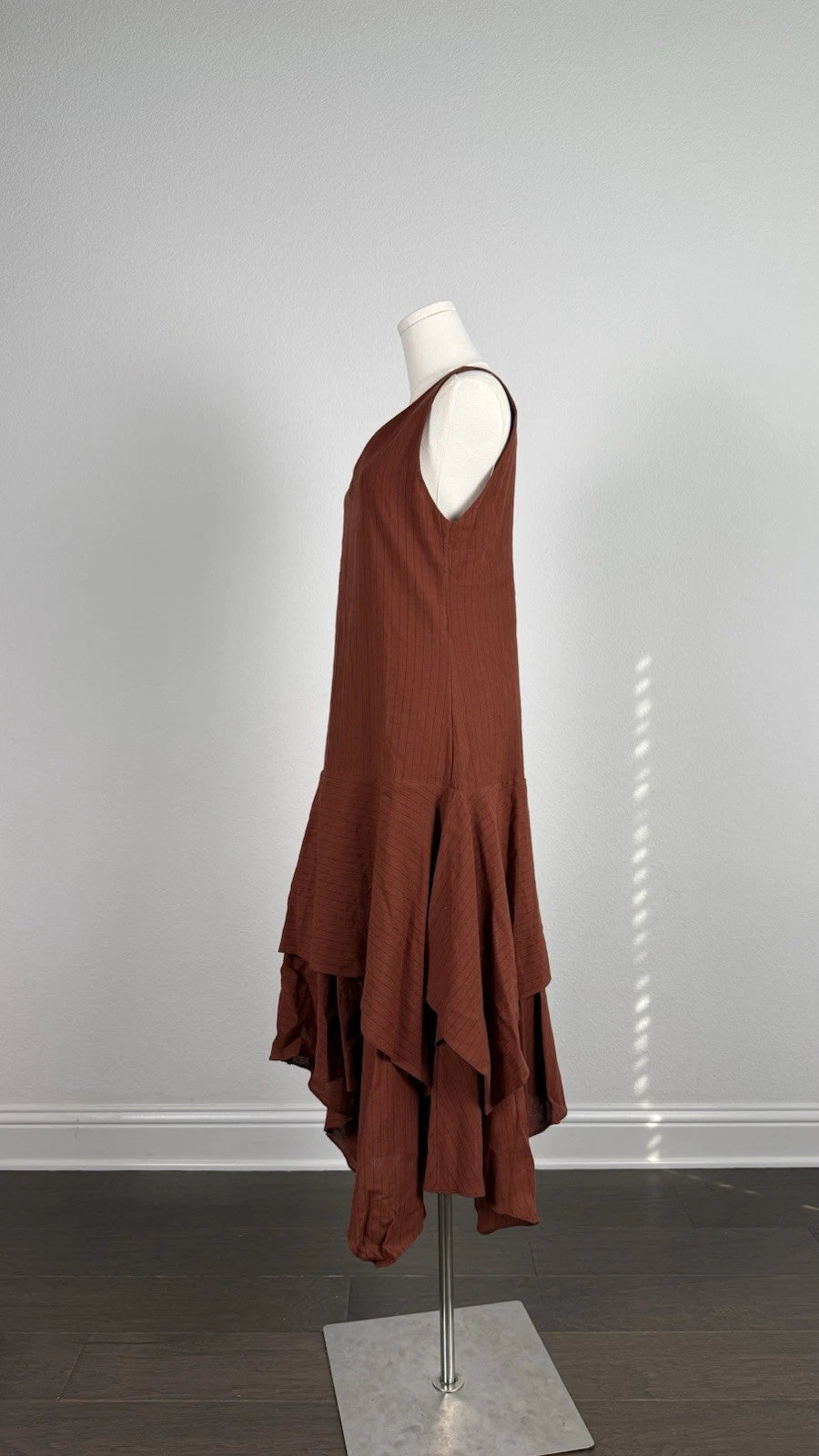 ZARA Brown Striped V-Neck Sleeveless Layered Hem Midi Dress Viscose Size S
