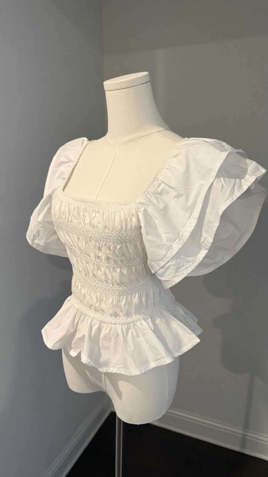 ZARA White Smocked Peplum Top Size M Square Neck Ruffle Sleeve NWT