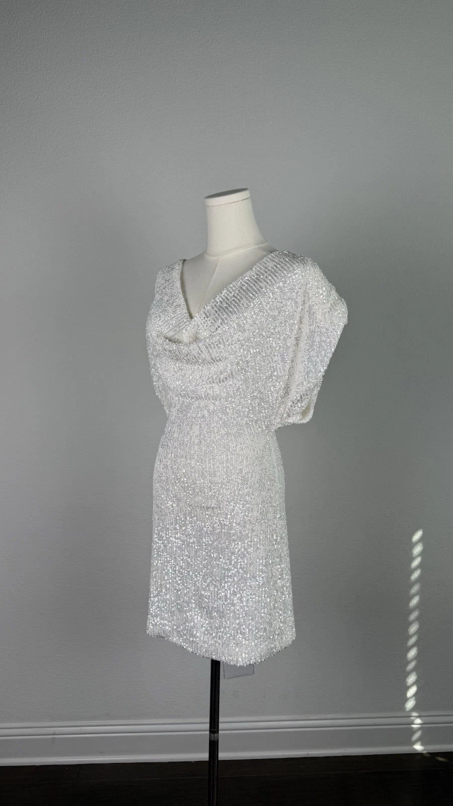 ZARA Sequin Cowl Neck Puff Sleeve Mini Dress White Size XS 4772/358/250
