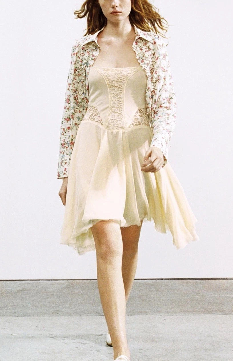 ZARA Women’s Cream Lace Lined Fit & Flare Sweetheart Dress Zip Straps Size S M