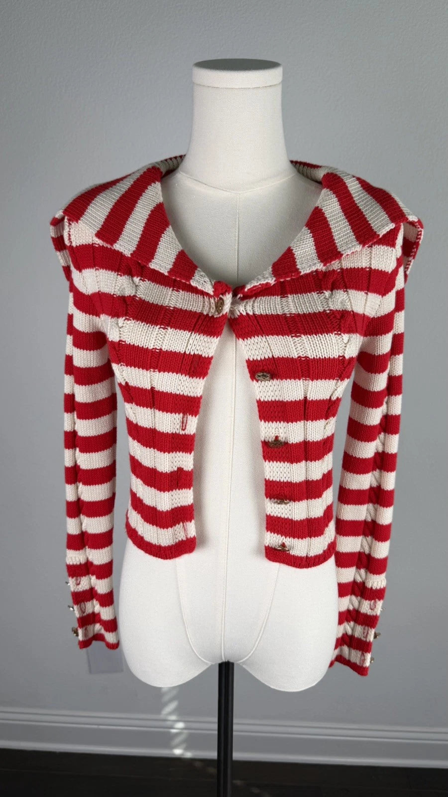 ZARA Women's Red Cream Striped Knit Cardigan XS Wide Collar Button Front NWOT
