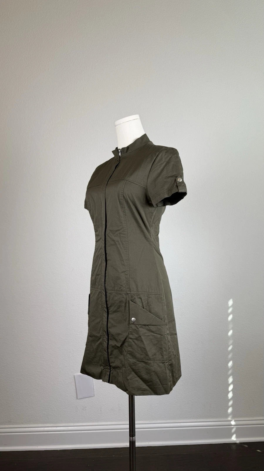 ZARA Women’s Green Mini Dress Zip Front Stand Collar Cotton Pockets Size S/M