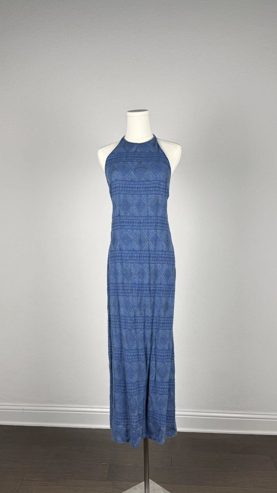 ZARA Blue Beaded Halter Maxi Dress XS Open Back Boho Embroidered Tassel