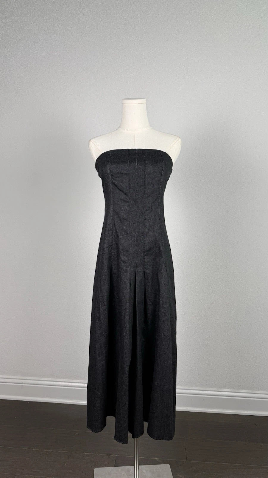 ZARA Black Strapless Denim Pleated A-Line Midi Dress Size S 6929/387/800