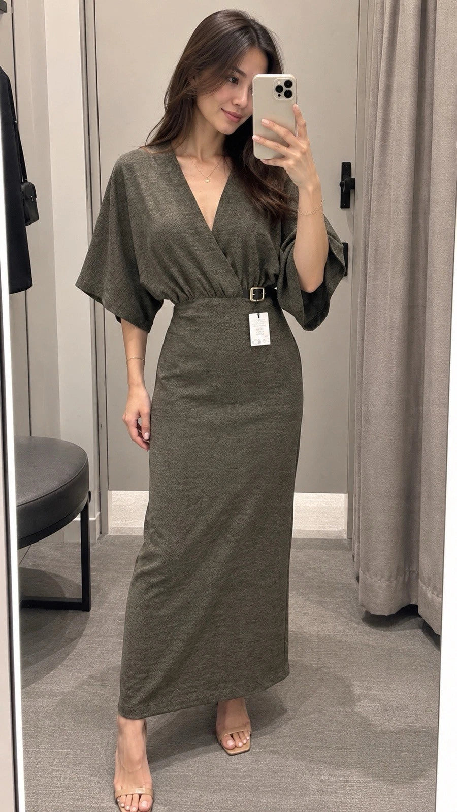 ZARA Green Knit V-Neck Belted Long Sheath Dress Stretch Size S