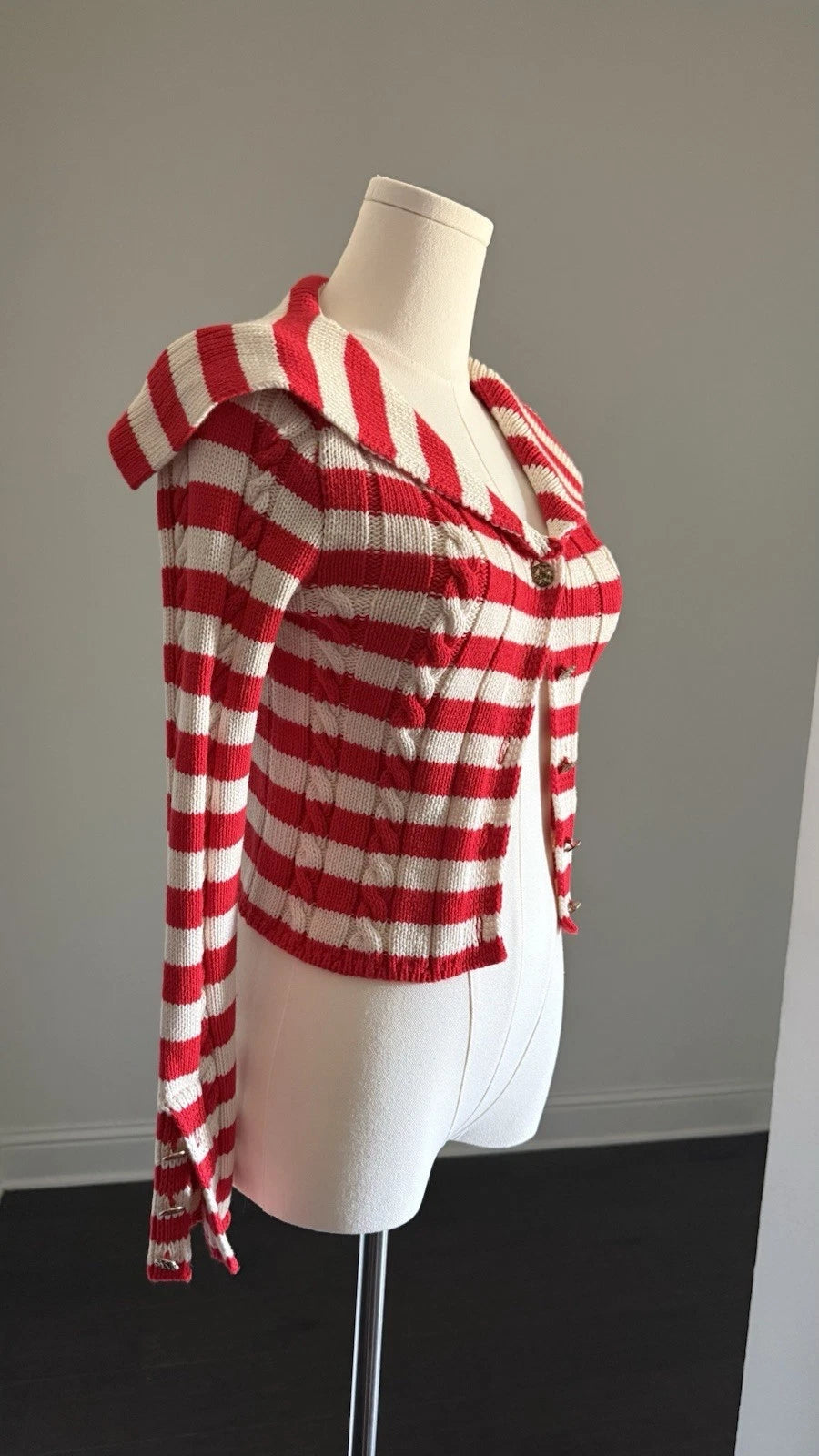 ZARA Women's Red Cream Striped Knit Cardigan XS Wide Collar Button Front NWOT
