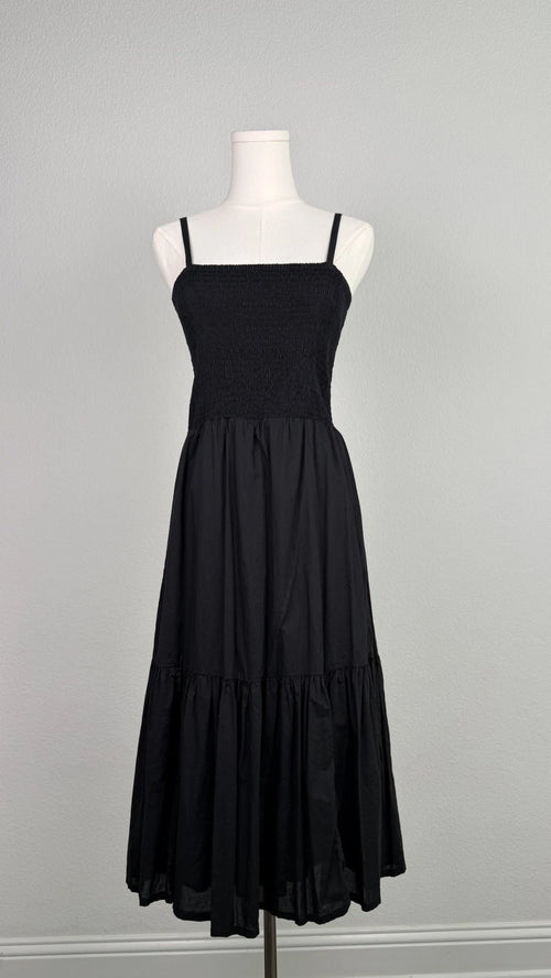 J.Crew Black Smocked Tiered Midi Dress Size M Spaghetti Strap AY145