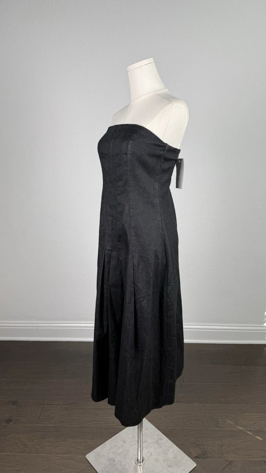 ZARA Black Strapless Denim Pleated A-Line Midi Dress Size S 6929/387/800