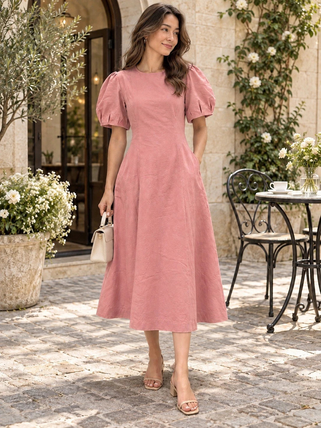 ZARA Pink Puff Sleeve Pleated A-Line Midi Dress Pockets Cotton Linen Size M