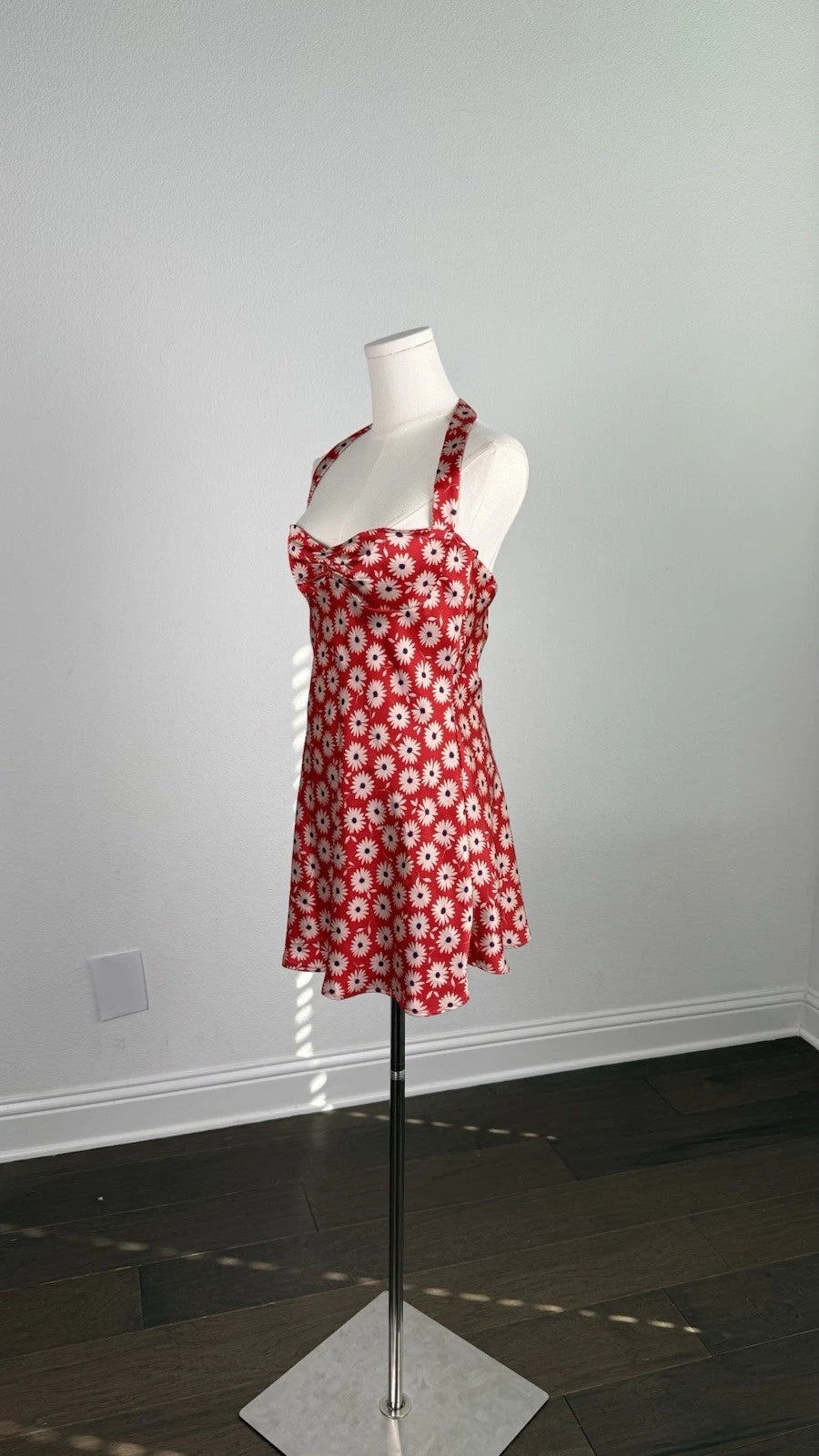 ZARA Red/White Floral Halter Sweetheart Ruched Mini Dress Pockets Size M