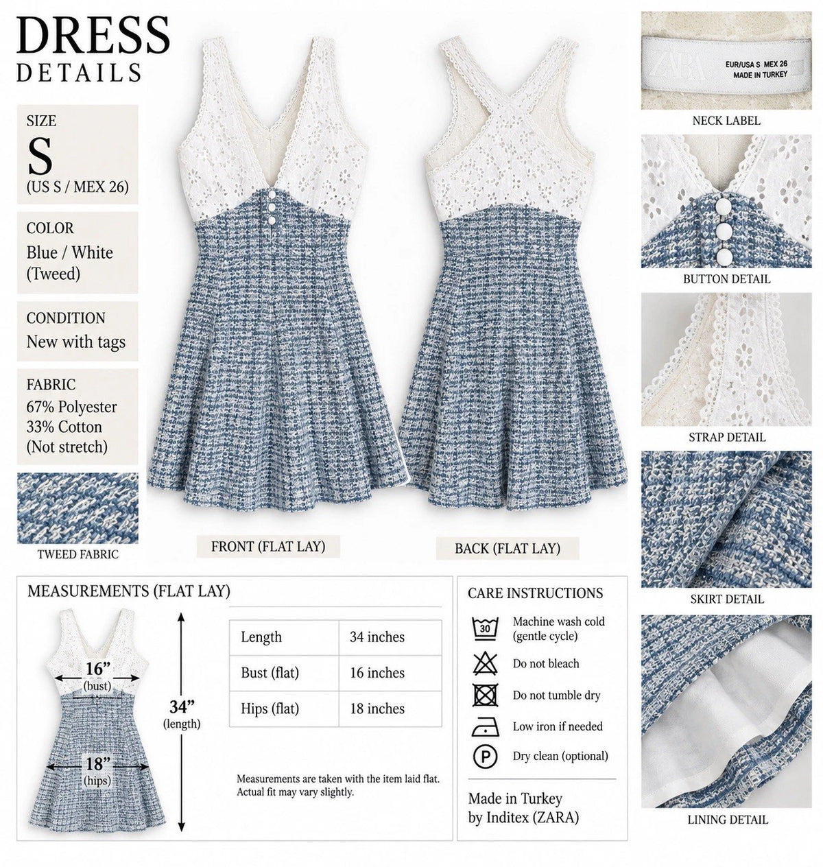 ZARA Blue/White Tweed V-Neck Sleeveless Lined Fit & Flare Mini Dress Size S