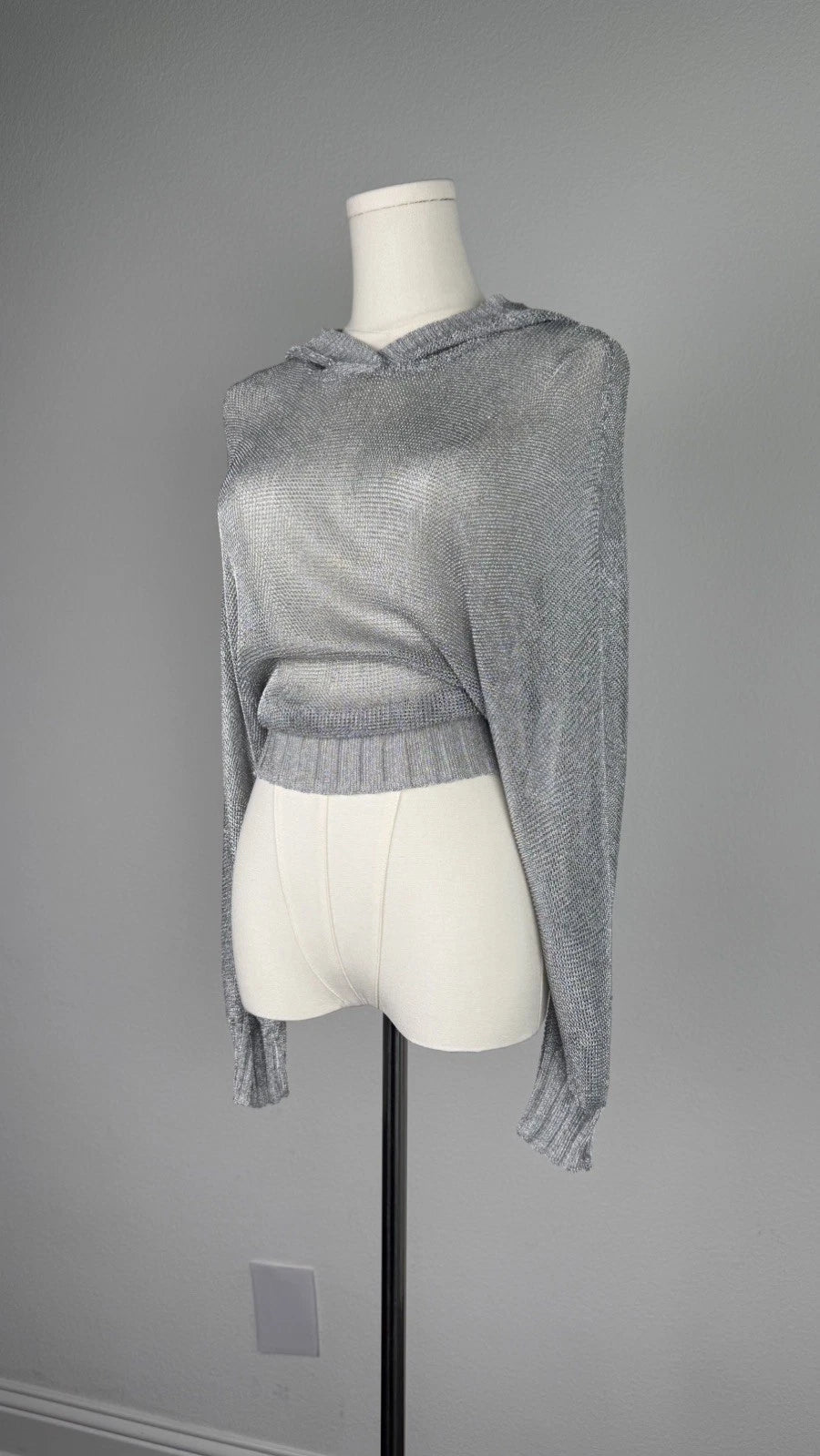 ZARA Metallic Silver Open Knit Cropped Hoodie Sweater Size S