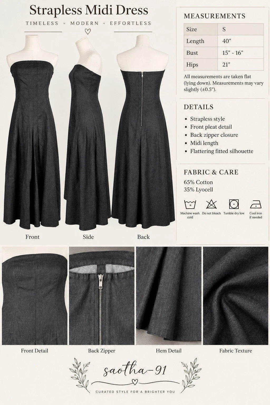 ZARA Black Strapless Denim Pleated A-Line Midi Dress Size S 6929/387/800