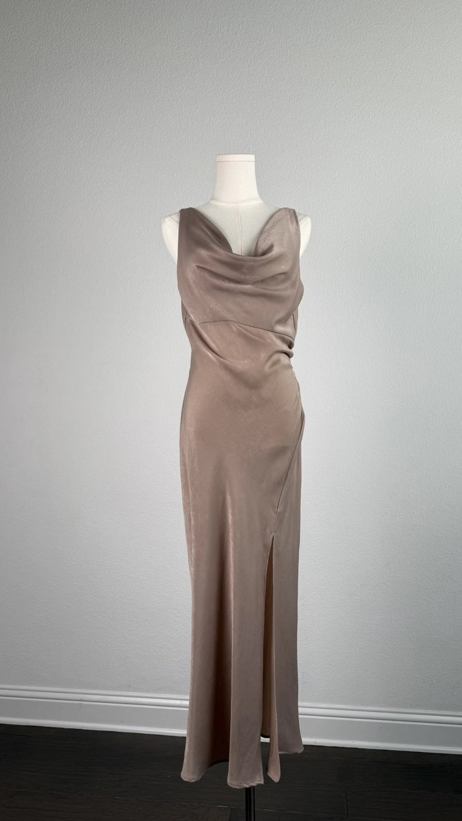 ZARA Draped Satin Midi Dress Size M Taupe Beige Cowl Neck Side Slit