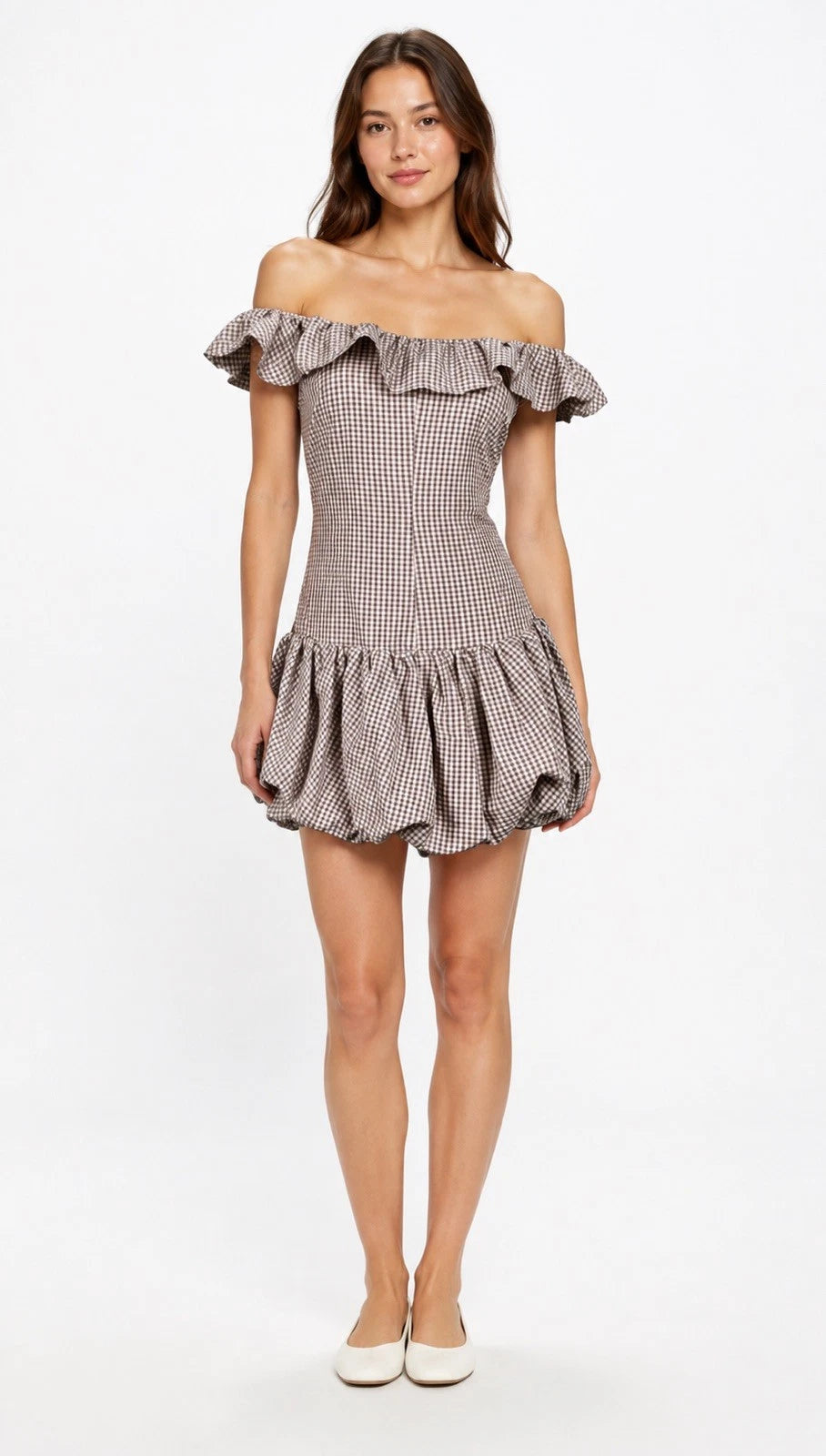 ZARA Brown/White Gingham Off Shoulder Ruffle Lined Mini Dress Size S 2180