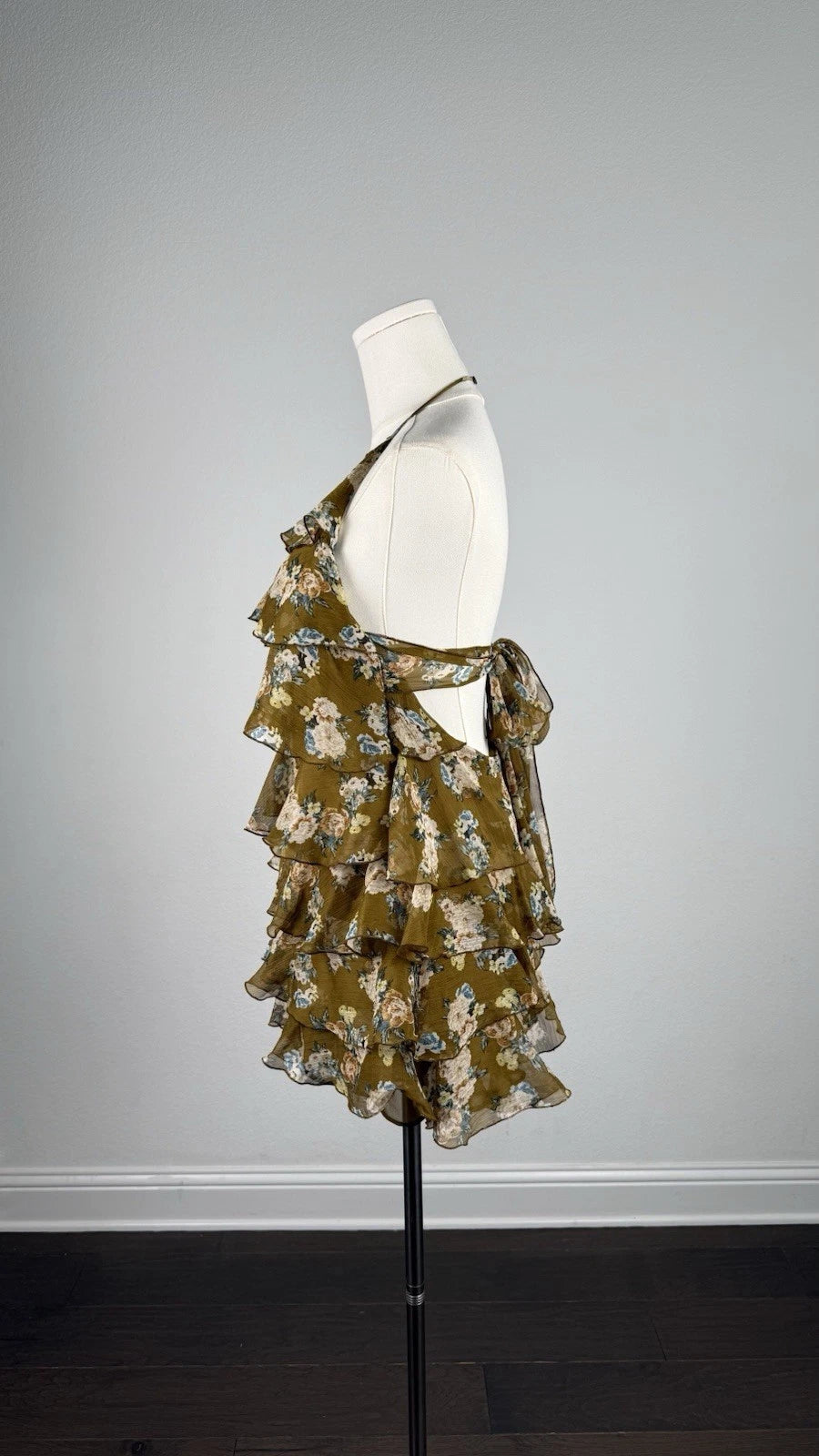 ZARA Floral Ruffle Layered Halter Open Back Lined Mini Dress Size S 2596/466/071