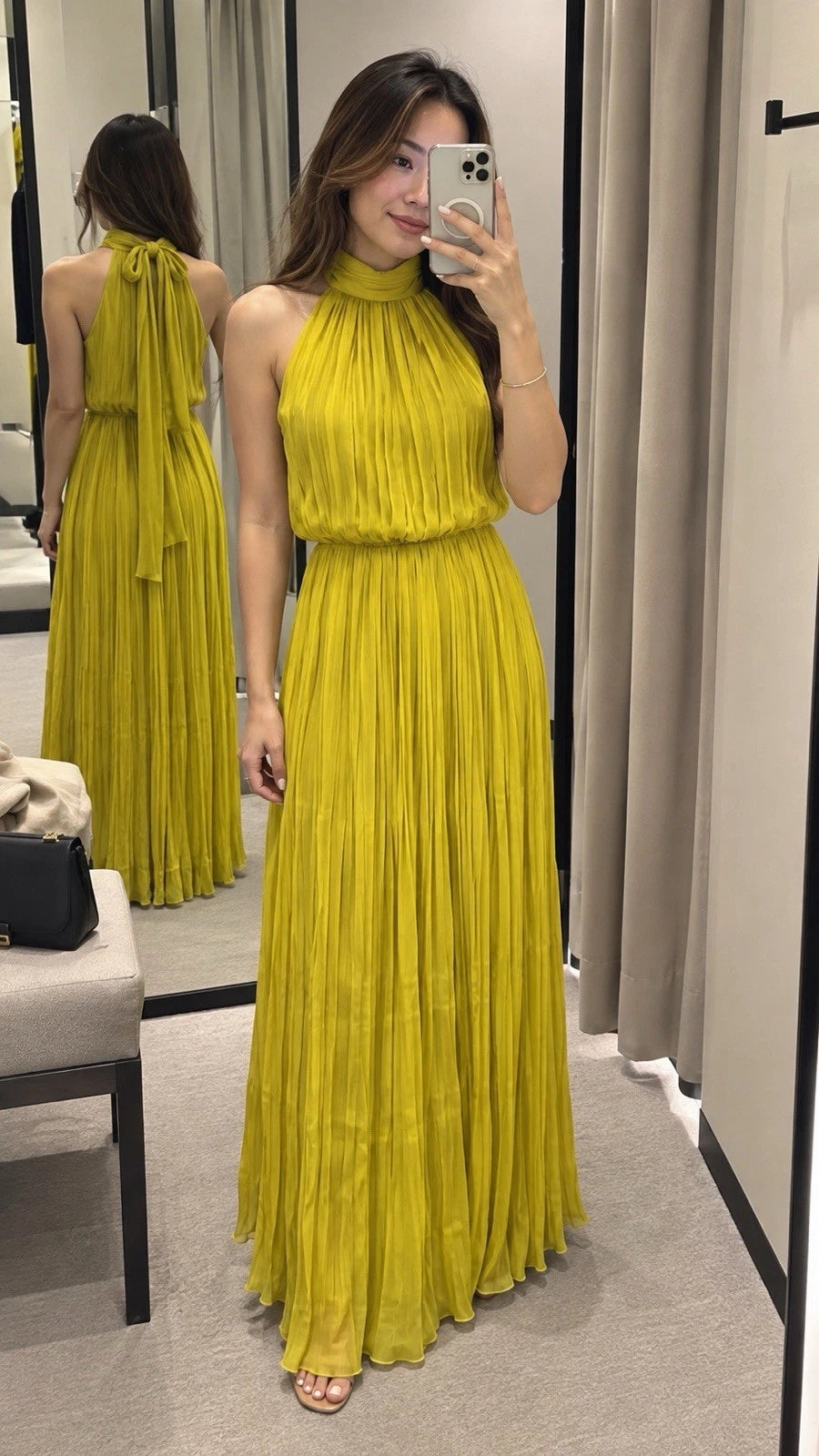 ZARA Yellow Pleated Halter Maxi Dress Bow Tie Chiffon Polyester Size S