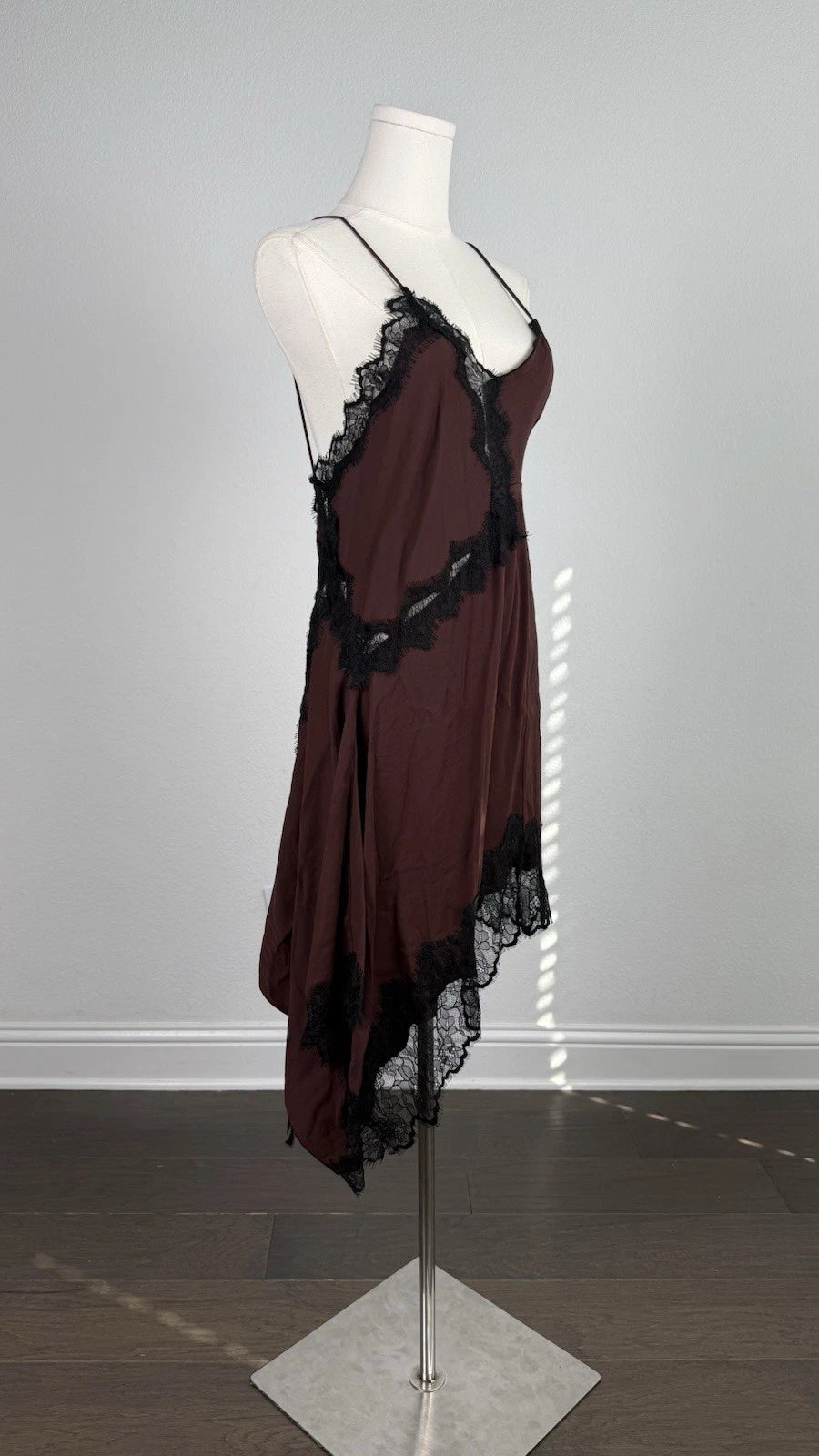 ZARA Women's Brown Solid Full Slip Dress Lace Accents Asymmetrical Hem M