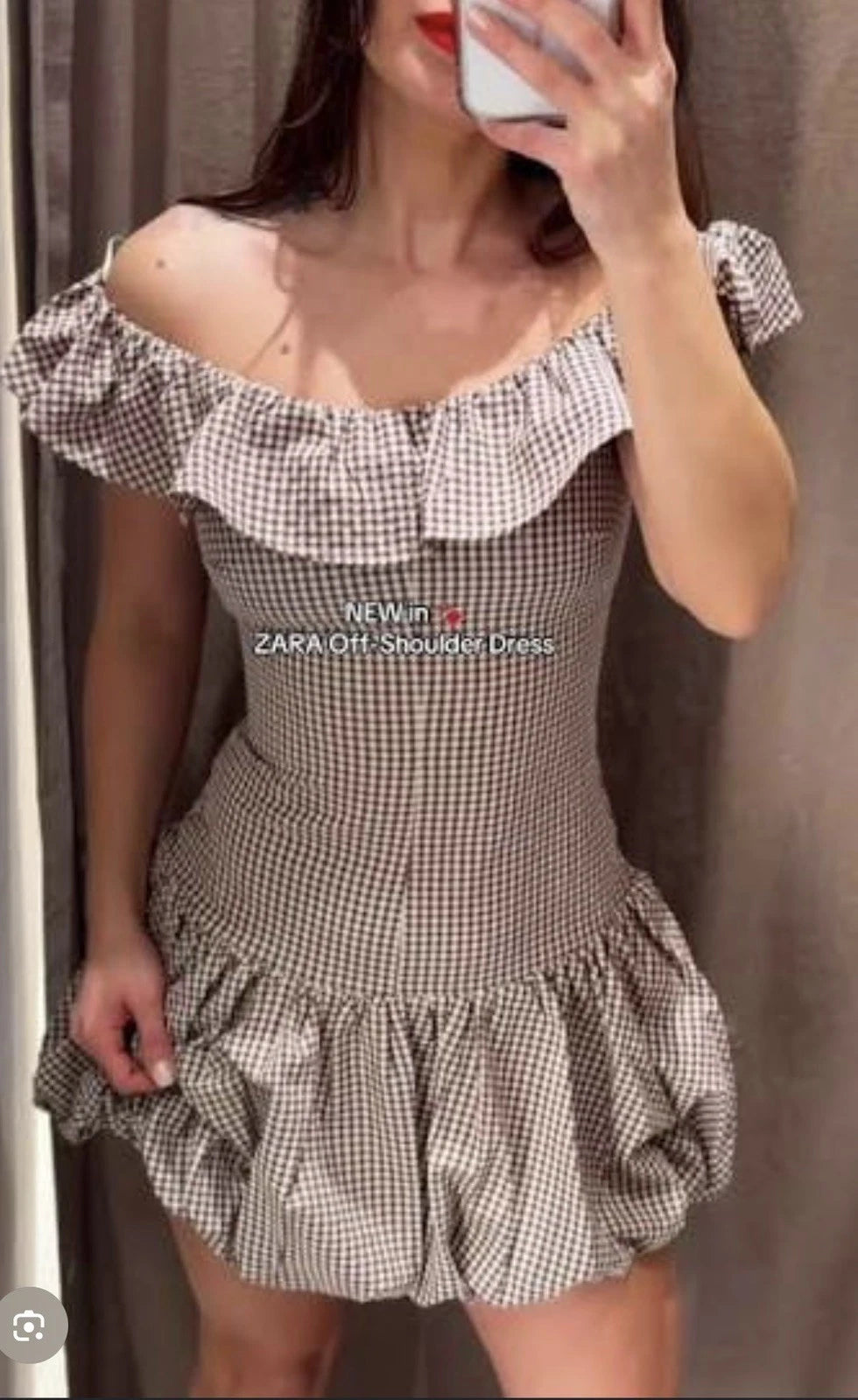 ZARA Brown/White Gingham Off Shoulder Ruffle Lined Mini Dress Size S 2180