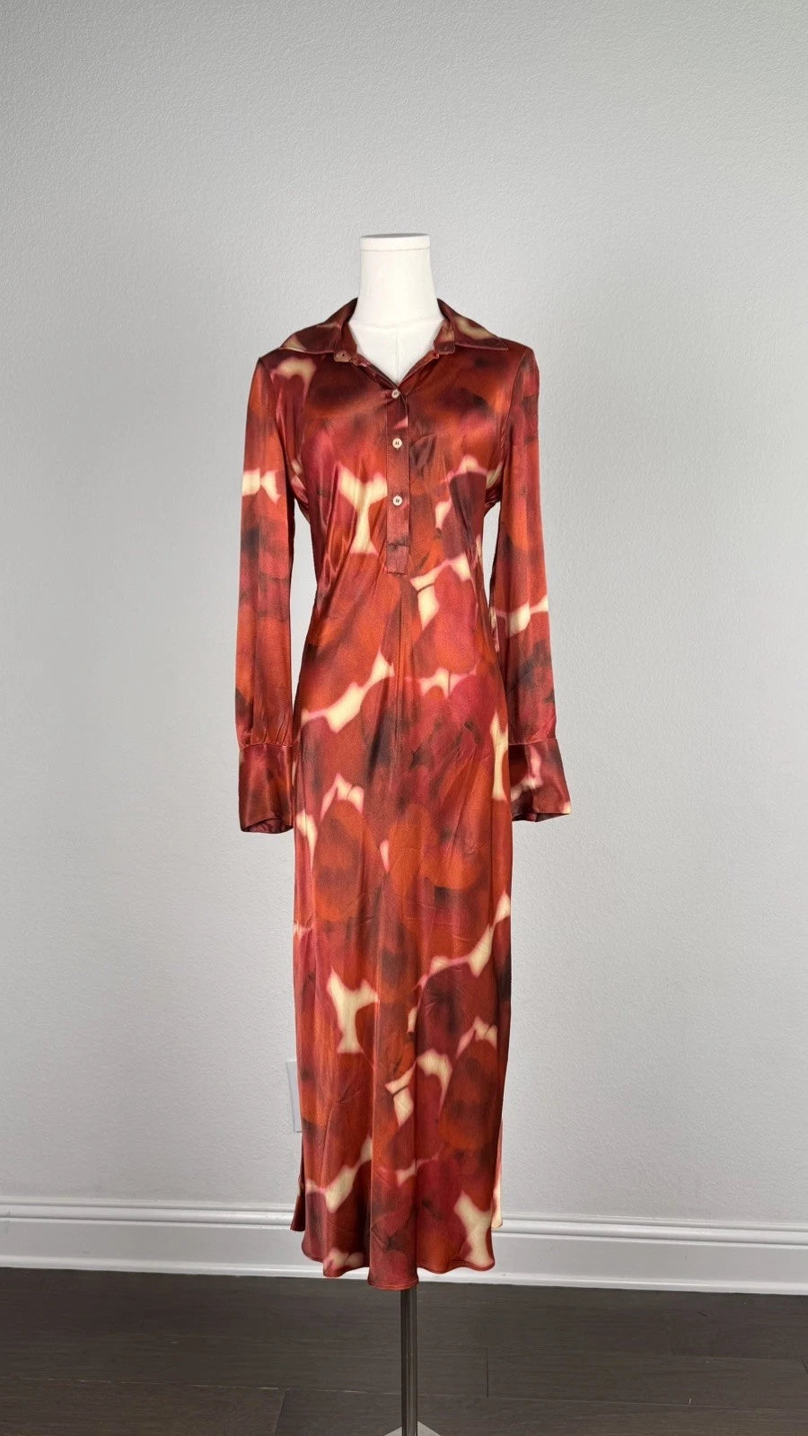 ZARA ZW Collection Red Printed Satin Midi Shirt Dress Size M NWT