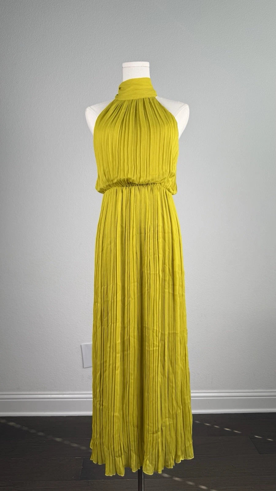 ZARA Yellow Pleated Halter Maxi Dress Bow Tie Chiffon Polyester Size S