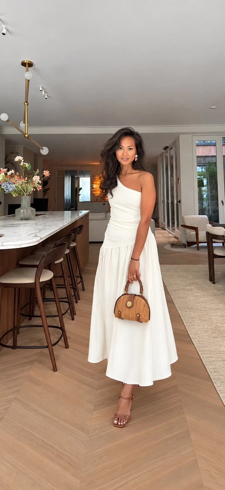 ZARA Cream One Shoulder Ruched Textured A-Line Midi Dress Size S/M NWT
