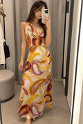 ZARA Abstract Print Cowl Neck Crochet Back Lined Maxi Dress Multicolor S