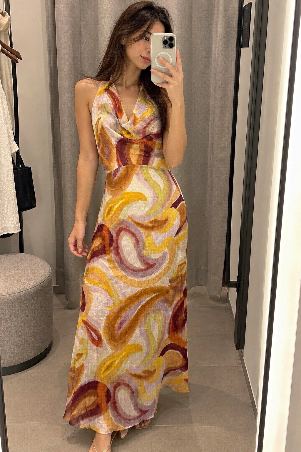 ZARA Abstract Print Cowl Neck Crochet Back Lined Maxi Dress Multicolor S