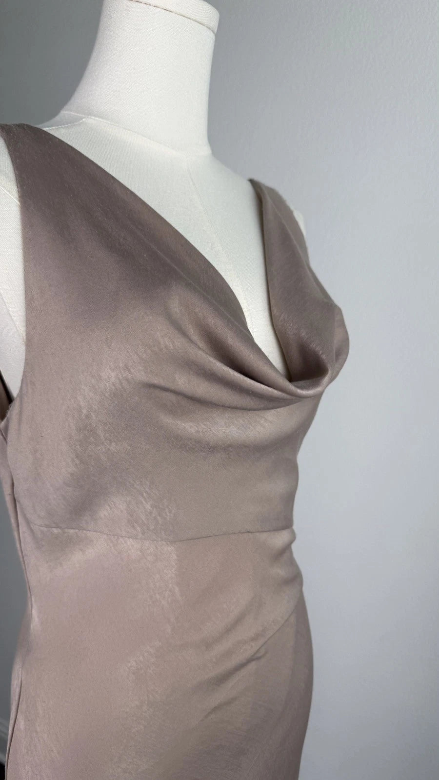 ZARA Draped Satin Midi Dress Size M Taupe Beige Cowl Neck Side Slit