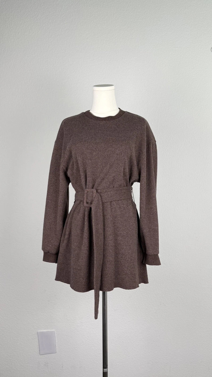 ZARA Women’s Brown Knit Sweater Dress Short Crew Neck Long Sleeve Belted L
