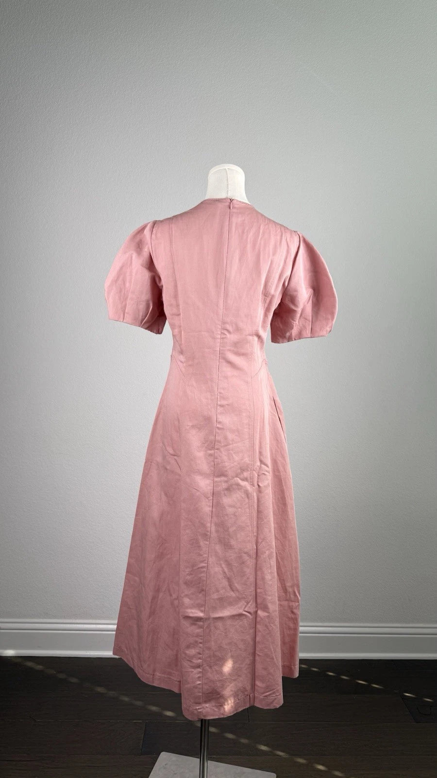 ZARA Pink Puff Sleeve Pleated A-Line Midi Dress Pockets Cotton Linen Size M