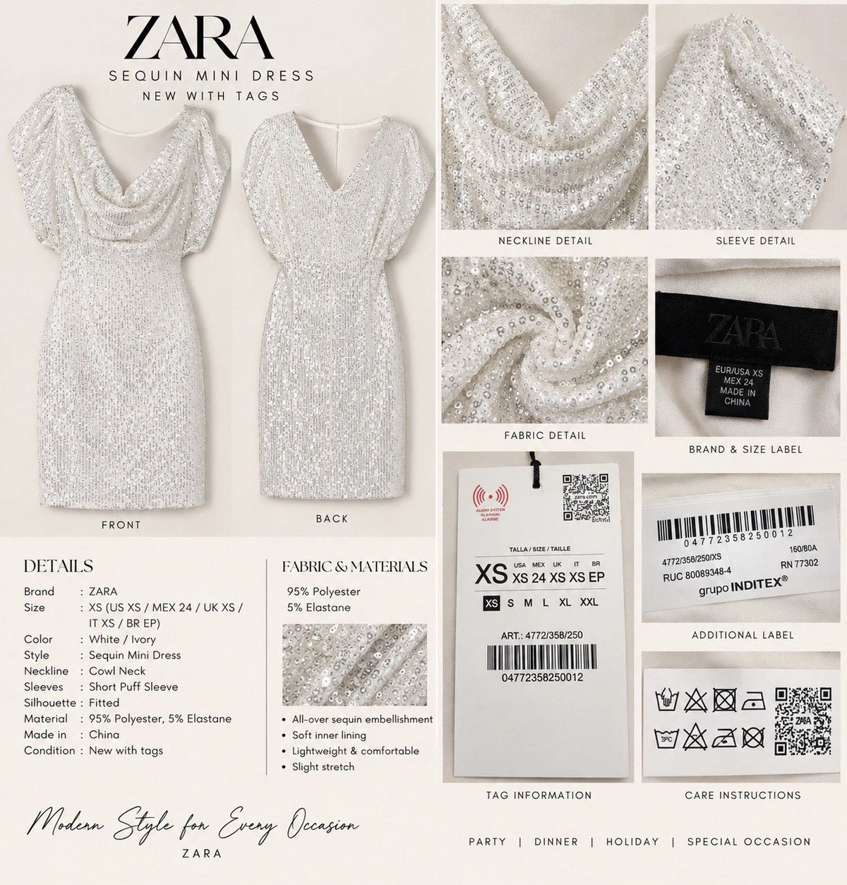 ZARA Sequin Cowl Neck Puff Sleeve Mini Dress White Size XS 4772/358/250
